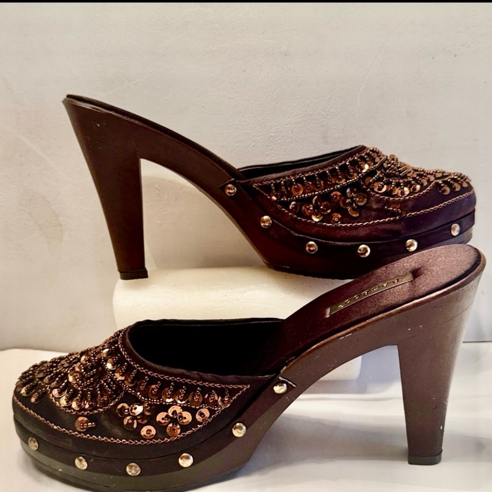 BAMBOO  Y2K Swing 12 platform mules chocolate brown bronze metallic sequins